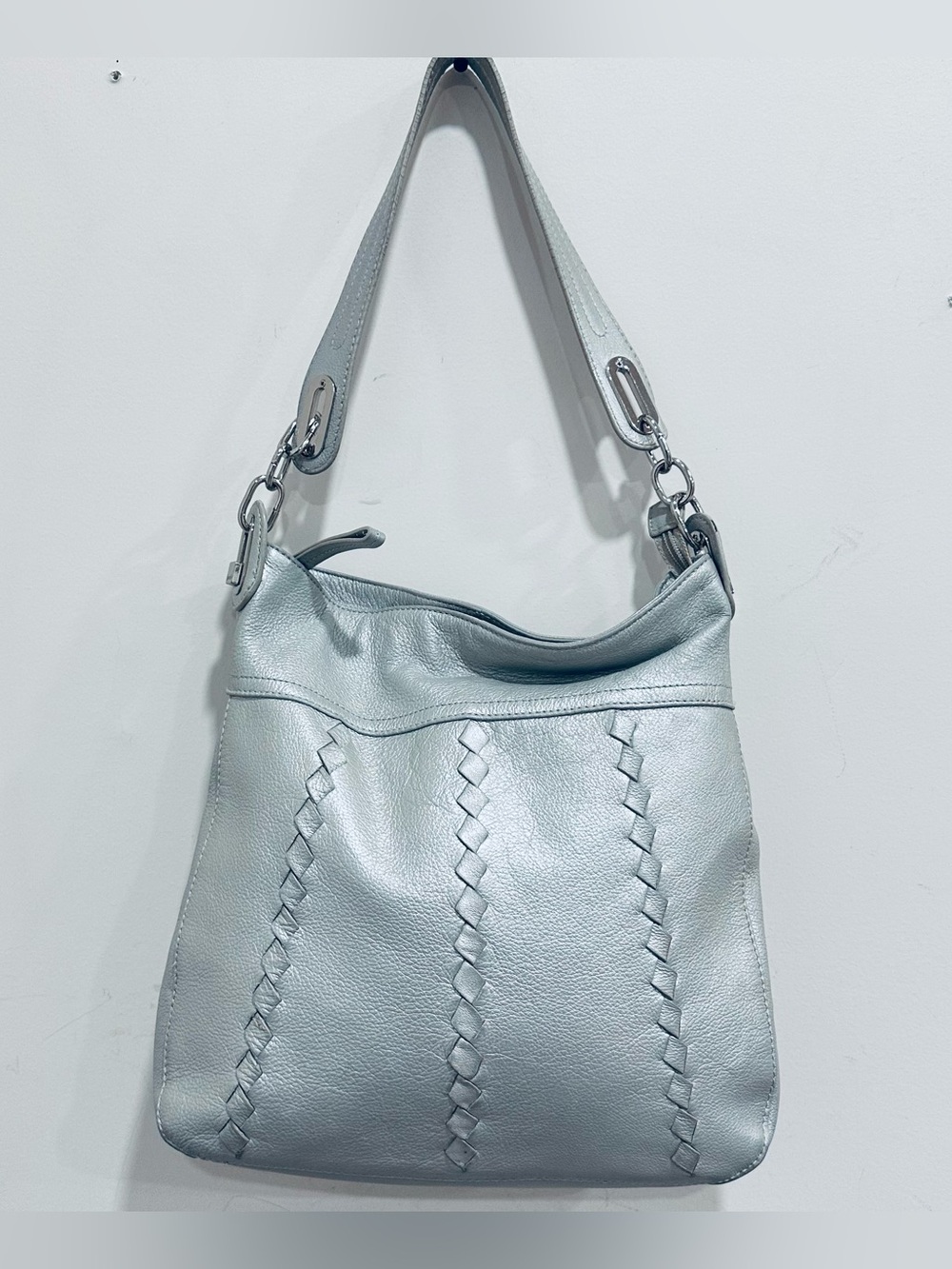 Tignanello Silver Metallic Pebbled Leather Shoulder Bag Hobo Purse Since 1989